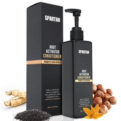 SPARTAN Root Activator Conditioner bottle pour for easy scalp nourishment.