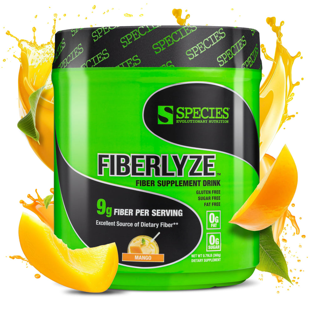 Species Nutrition Fiberlyze mango bottle shows high-potency psyllium for daily digestion support.