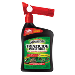 Spectracide Triazicide ready-to-spray bottle showing quick, broad-area lawn pest protection.