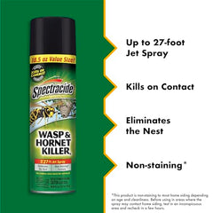 Spectracide Wasp & Hornet Killer Aerosol eliminates outdoor nests for rapid control.