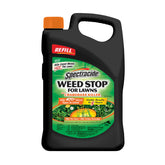 Spectracide Weed Stop refill bottle targets crabgrass and broadleaf weeds for lawn care.