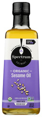 Spectrum Organic Sesame Oil bottle close-up showing nutty aroma for sautéing.
