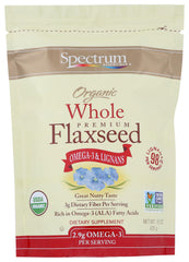 Spectrum Organic Whole Flaxseed 15oz bag showing fiber-rich seeds for baking.