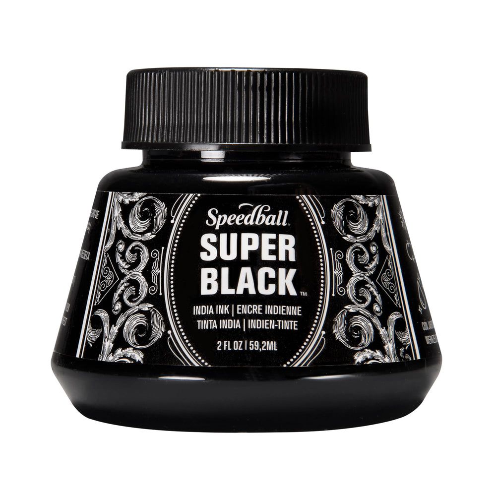 Speedball Super Black India Ink label shows premium pigment for crisp lines