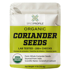 Spice Profile coriander seeds pack shot, showcasing organic quality and aroma.