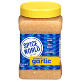 Spice World Minced Garlic bulk jar on counter offering ready-to-use flavor for easy weeknight meals.