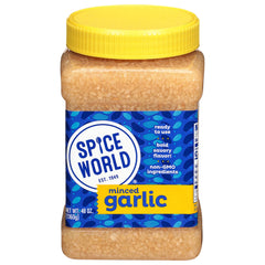 Spice World Minced Garlic bulk jar on counter offering ready-to-use flavor for easy weeknight meals.