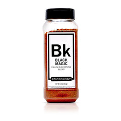 Spiceology Black Magic bottle pour showing bold Cajun aroma for flavorful weeknights