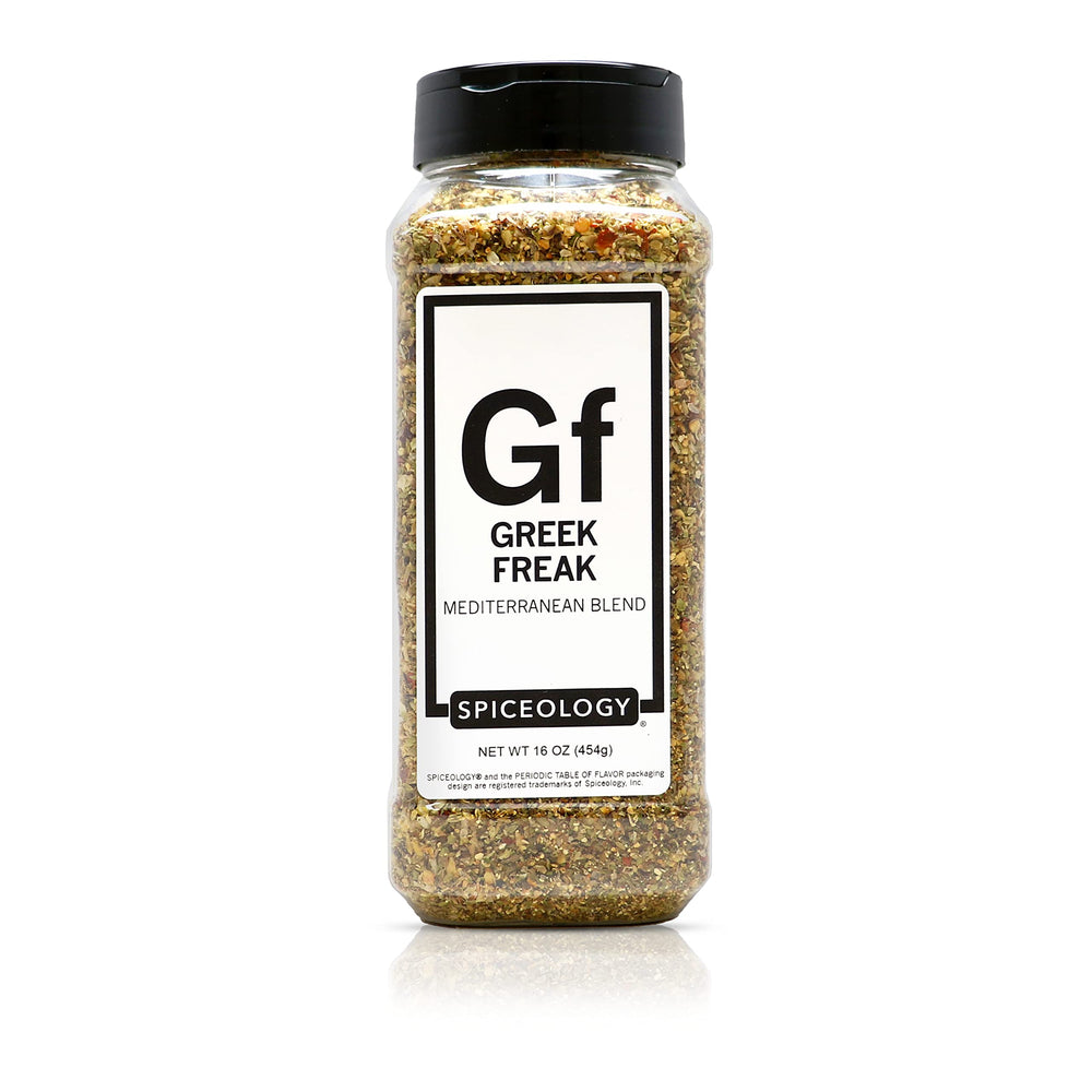 Spiceology Greek Freak bottle pour highlights bold Mediterranean flavor for grilled chicken.