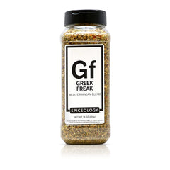 Spiceology Greek Freak bottle pour highlights bold Mediterranean flavor for grilled chicken.