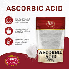 Spicy World Ascorbic Acid powder displayed as food-grade purity