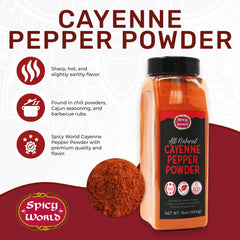 Spicy World cayenne pepper powder sealed cap close-up emphasizing freshness