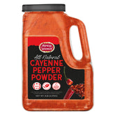 Spicy World hot cayenne powder 5 lb jar label shows potent heat.