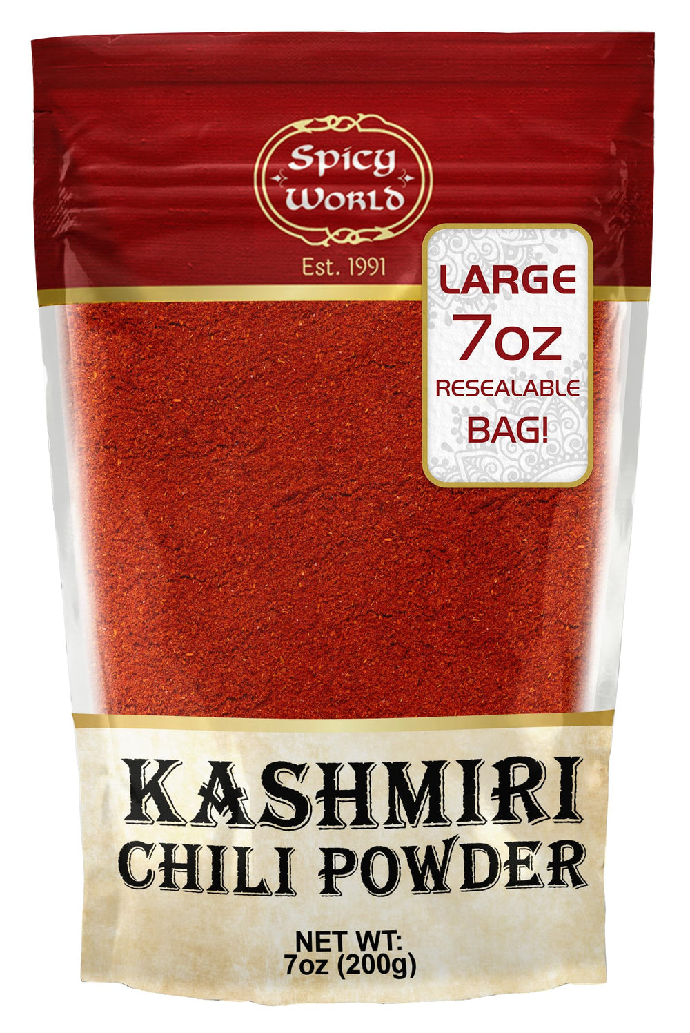 Spicy World Kashmiri chili powder bottle enhances color and aroma in curries