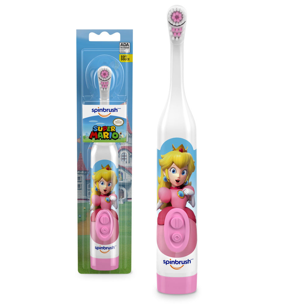 Spinbrush Princess Peach kid toothbrush front view for easy brushing in small mouths.