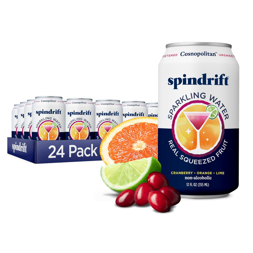 Spindrift Cosnopolitan front view shows real fruit flavor and no sugar added