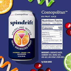 Spindrift Cosnopolitan side view highlights 6% fruit juice and sparkling finish