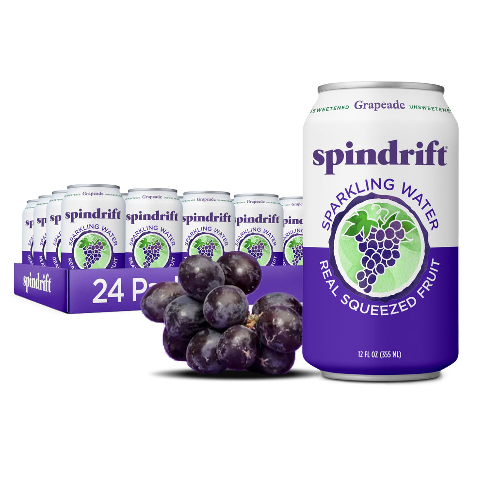 Spindrift Grapeade can 12oz close-up shows real fruit flavor for a refreshing sip.