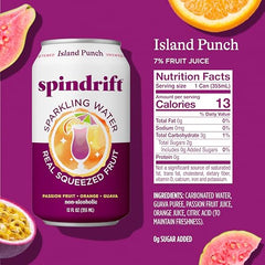 Spindrift Island Punch can-label close-up shows real fruit infusion