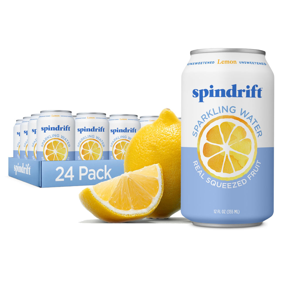 Spindrift Lemon can showing real fruit flavor and low calories.