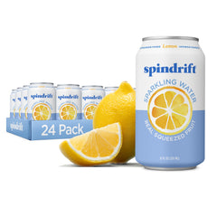 Spindrift Lemon can showing real fruit flavor and low calories.