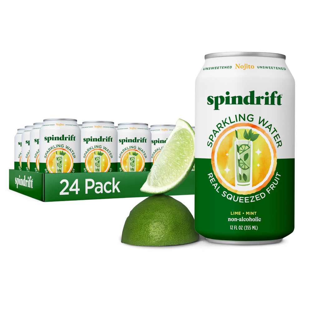 Spindrift Nojito can front view with lime and mint, zero added sugar.