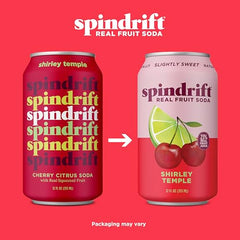 Spindrift Shirley Temple bottle close-up shows gluten-free and non-GMO certifications.