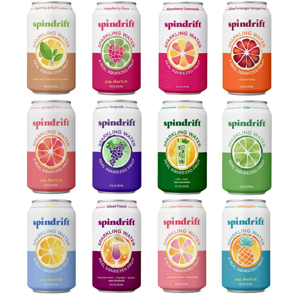 Spindrift variety-pack cans display 12 real fruit flavors for bright refreshment.