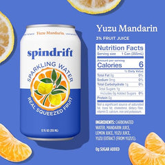 Spindrift Yuzu Mandarin bottle with glass highlighting refreshing citrus aroma.