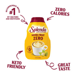 SPLENDA Monk Fruit Liquid Drops being poured for quick beverage sweetness.