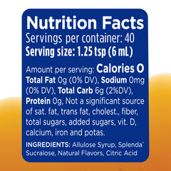 Splenda syrup bottle front shows zero calories, ideal for sugar-free breakfasts.