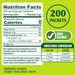 SPLENDA Stevia packets back view with simple usage info.