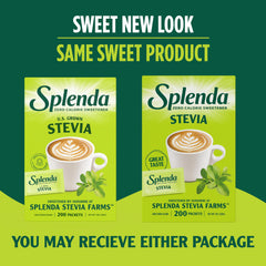 SPLENDA Stevia packets dissolving in a hot beverage, smooth sweetness.