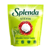SPLENDA Stevia zero calorie baking pouch front, resealable for quick sugar-free sweetness.