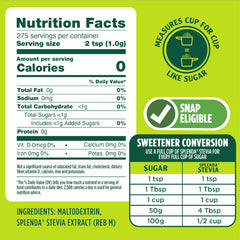 SPLENDA Stevia zero calorie pouch open with powder ready for baking, sauces, and drinks.