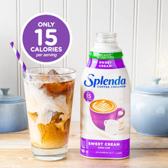 Unopened SPLENDA Sugar Free Sweet Creamer bottles on a pantry shelf.