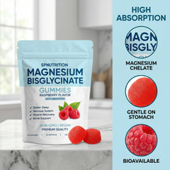 SPNUTRITION Magnesium Bisglycinate Gummies raspberry powder detail emphasizes natural flavor.