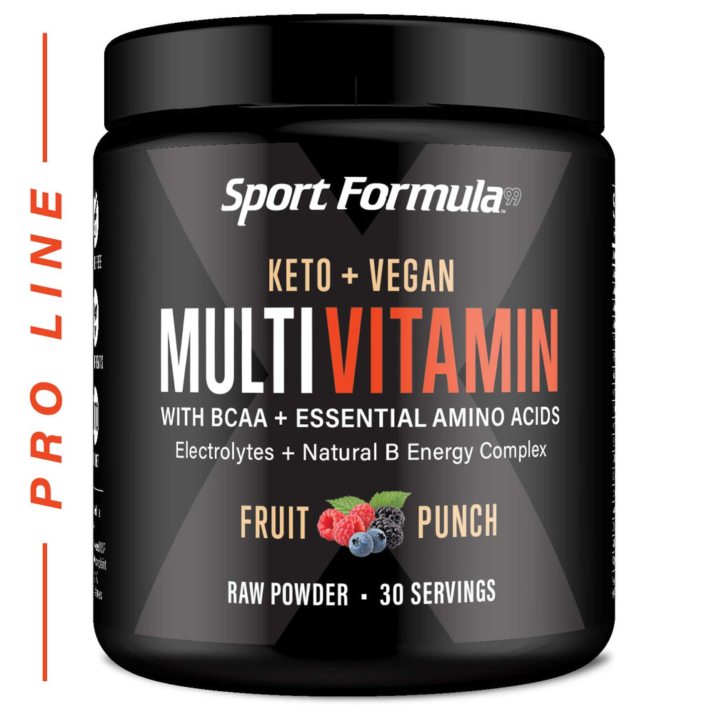 Sport Formula 99 bottle with powder being poured for a fruity pre-workout hydration.