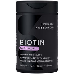 Sports Research Biotin 10,000mcg bottle with vegan capsule for hair and skin support.