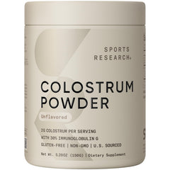 Sports Research Bovine Colostrum Powder bottle ready for easy mixing to support daily wellness.