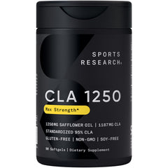 Sports Research CLA bottle front view showing 1250 mg softgels for exercise support