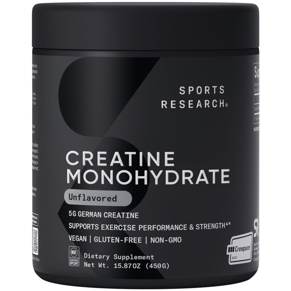 Sports Research creatine monohydrate powder jar front for strength and recovery.