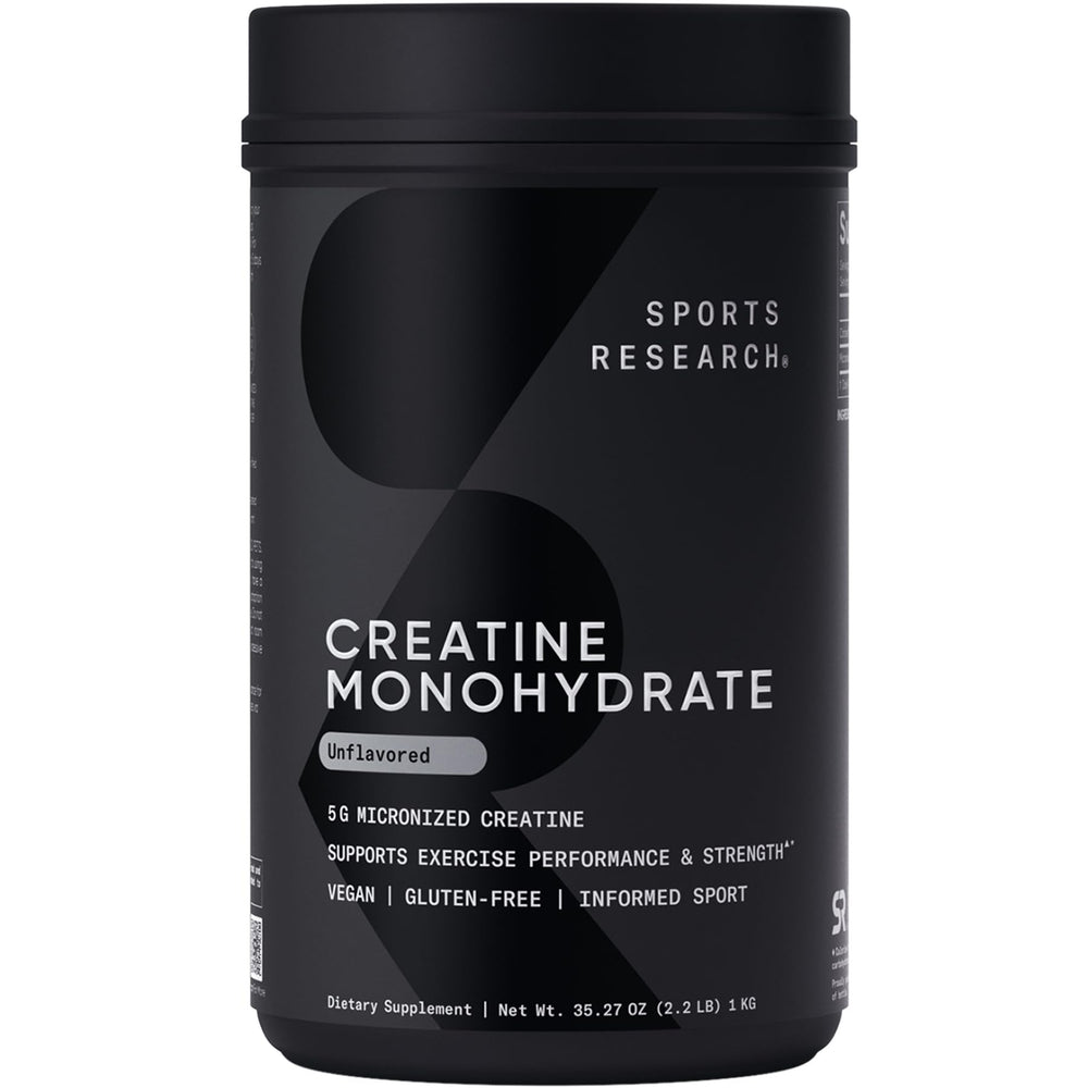 Sports Research Creatine Monohydrate powder tub with smooth-mixing micronized formula.
