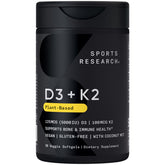 Sports Research D3 + K2 softgels bottle, vegan formula for bone and immune support.
