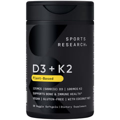 Sports Research D3 + K2 softgels bottle, vegan formula for bone and immune support.