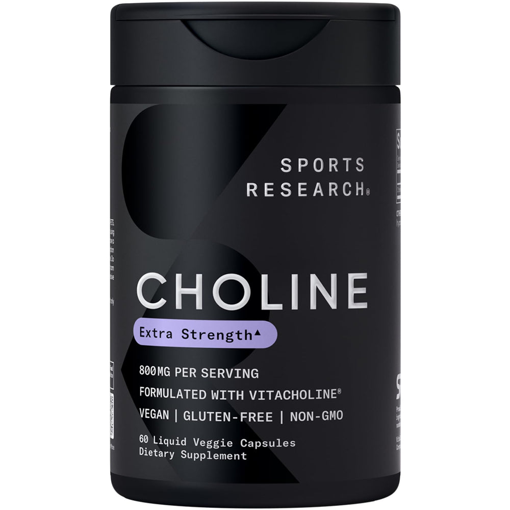 Sports Research Extra Strength Choline 800 mg bottle front for daily focus support.