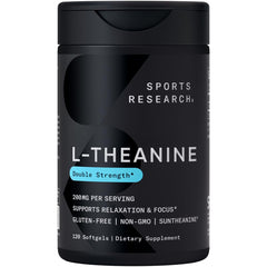 Sports Research L-Theanine 200mg bottle promotes calm focus for daily routines.