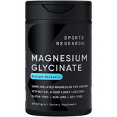 Sports Research Magnesium Glycinate bottle with softgel capsules on display to suggest restful sleep support