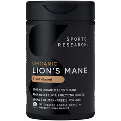 Sports Research Organic Lions Mane capsules bottle – supports mental clarity during study or work sessions.