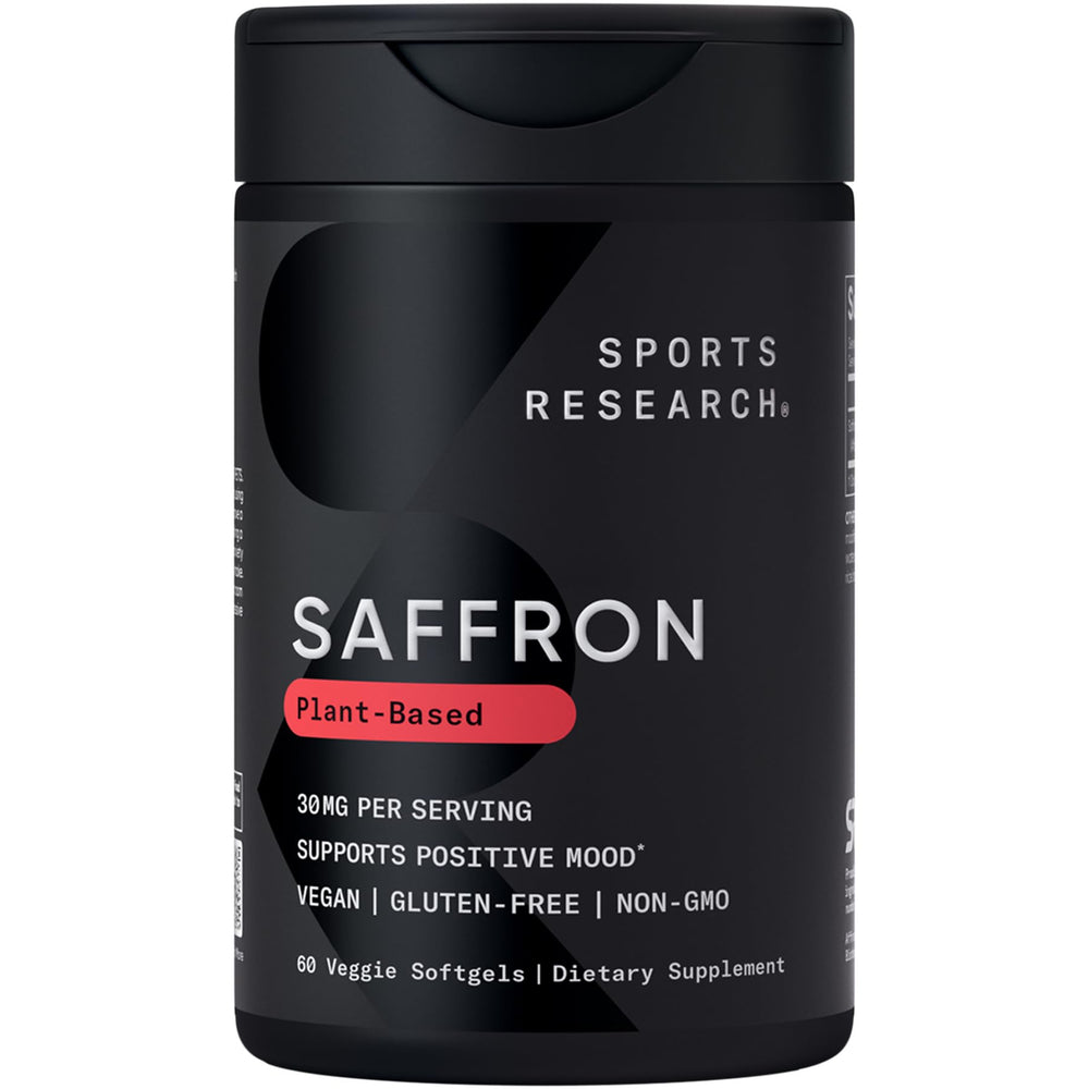 Sports Research Pure Saffron Supplement bottle front showing mood support potential.